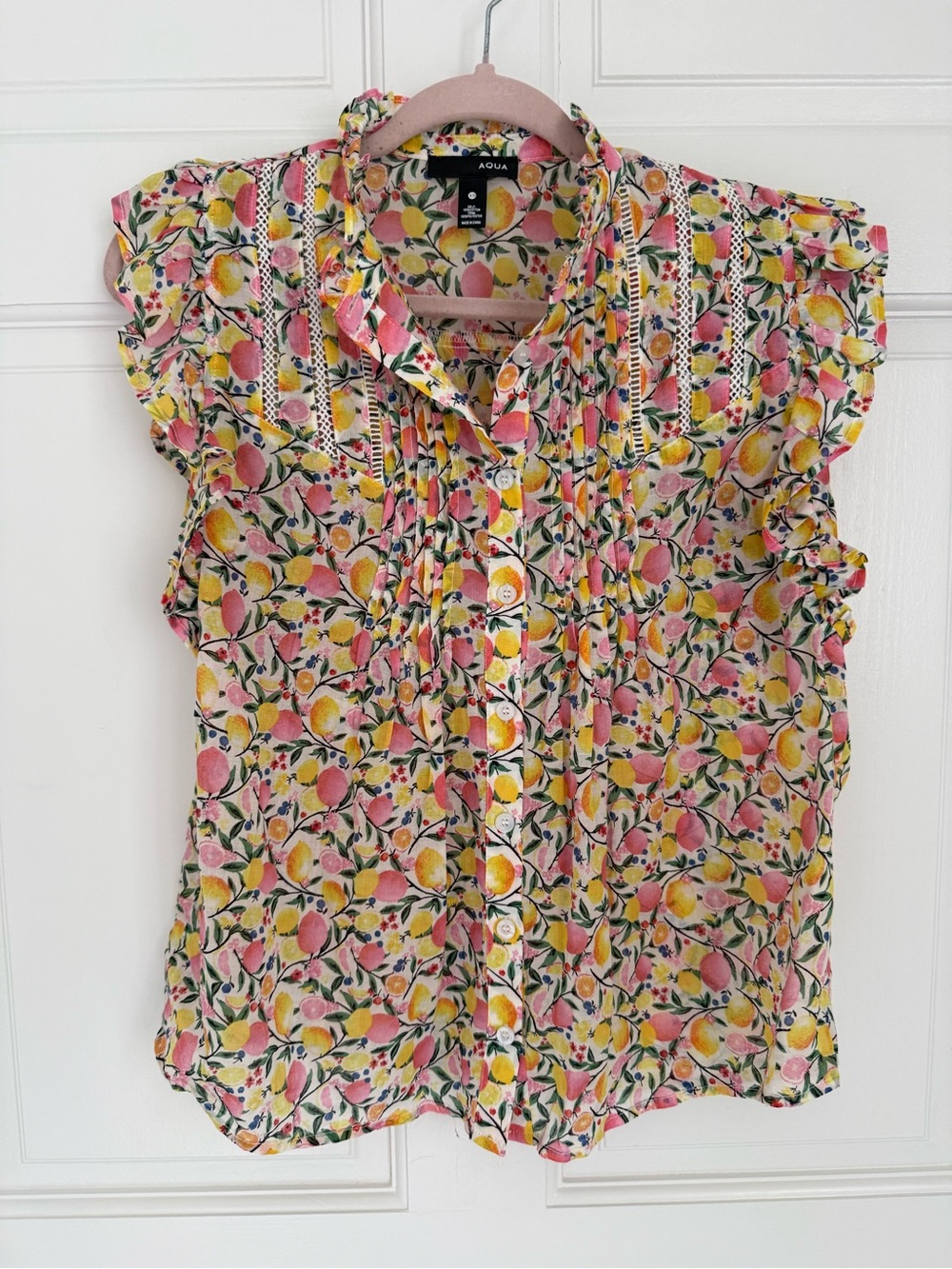 Aqua Pink & Yellow Fruit Floral Ruffle Cap-Sleeve Blouse